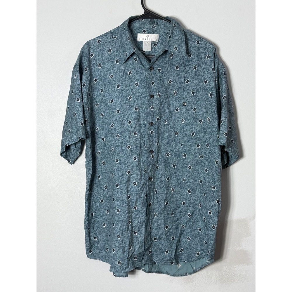 Rinnovato Mens 100% Silk Short Sleeve Button Down‎ Shirt Teal Diamond Print M